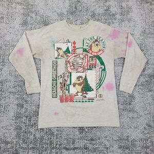 Vintage Looney Tunes Taz The Season Shirt Adult Medium Christmas USA Made Stains